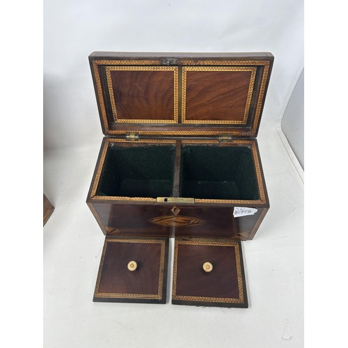 678 - A 19th century mahogany tea caddy, 23 cm wide, and a box, 24 cm wide