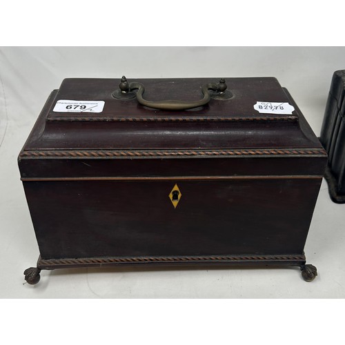 679 - A 19th century mahogany box, 24 cm wide, and a papier mache box, 17 cm wide (2)