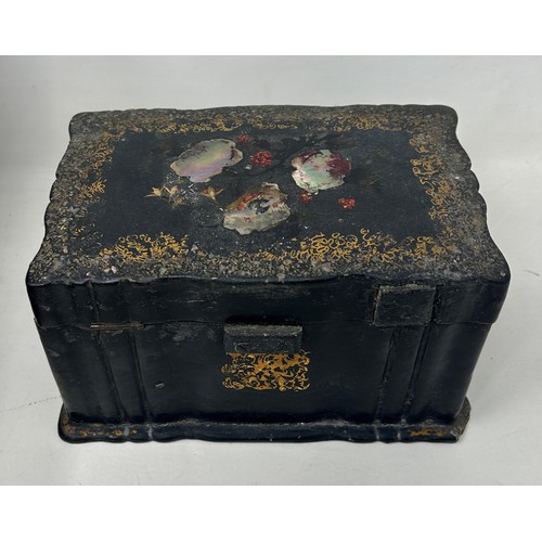 679 - A 19th century mahogany box, 24 cm wide, and a papier mache box, 17 cm wide (2)