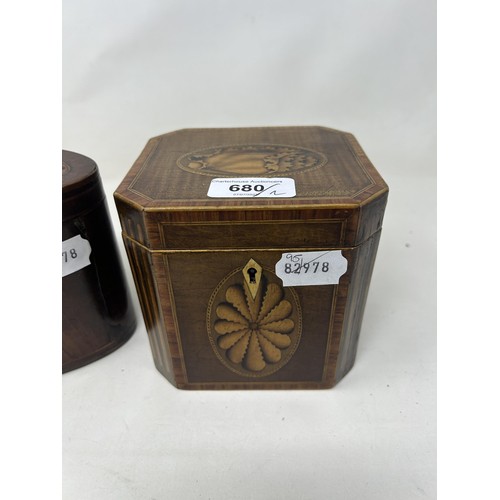 680 - A 19th century mahogany oval caddy, 15 cm wide, and a square caddy, 13 cm wide