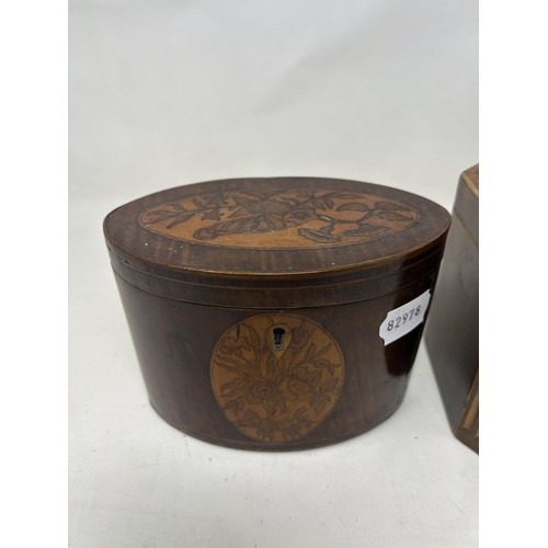 680 - A 19th century mahogany oval caddy, 15 cm wide, and a square caddy, 13 cm wide