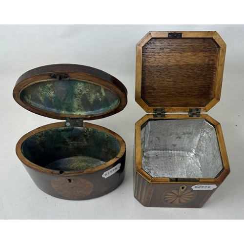 680 - A 19th century mahogany oval caddy, 15 cm wide, and a square caddy, 13 cm wide