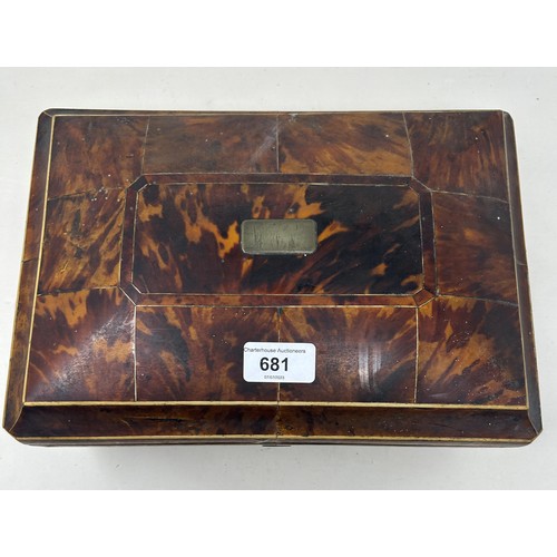 681 - A 19th century tortoiseshell jewellery box, 31 cm wide