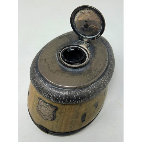 727 - A horse hoof inkwell, with silver plated mounts, dated 1891, 10 cm high