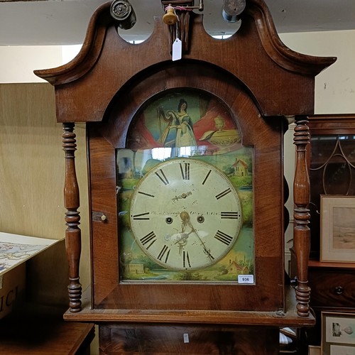 936 - A 19th century longcase clock, with a painted arch dial, with a two train movement striking on a bel... 