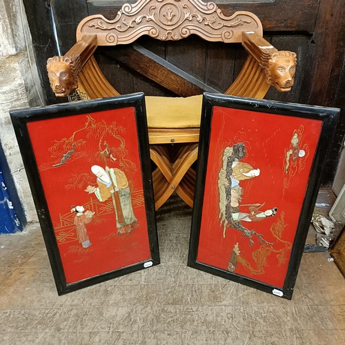 885 - A 20th century Savonarola chair, and two Chinese panels, 60 x 35 cm (3)