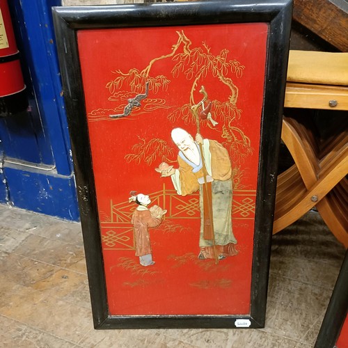 885 - A 20th century Savonarola chair, and two Chinese panels, 60 x 35 cm (3)