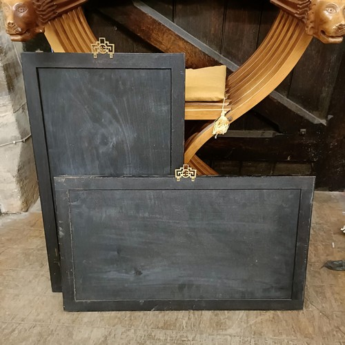 885 - A 20th century Savonarola chair, and two Chinese panels, 60 x 35 cm (3)