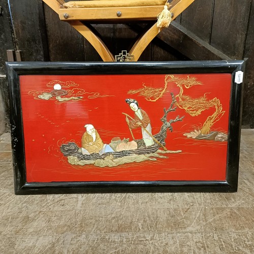 885 - A 20th century Savonarola chair, and two Chinese panels, 60 x 35 cm (3)