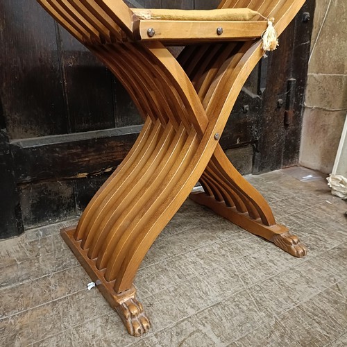 885 - A 20th century Savonarola chair, and two Chinese panels, 60 x 35 cm (3)