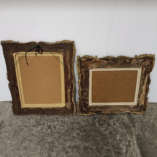 805 - A pair of gilt gesso wall mirrors, 24 x 50 cm, two standard lamps, and a stool (5)