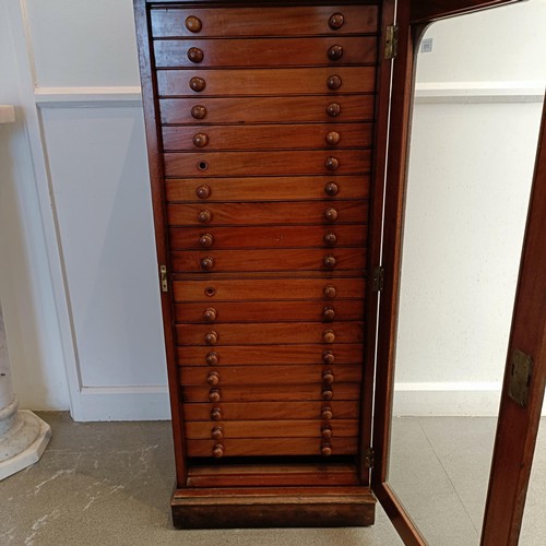 819 - A 19th century mahogany collectors cabinet, with a glazed door to reveal twenty drawers, one missing... 