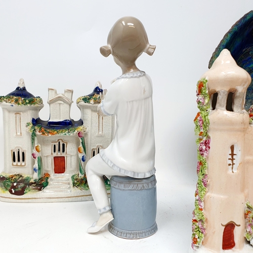 544 - A Lladro figure of a young girl, 20 cm high, a Staffordshire pastille burner, and assorted other cer... 