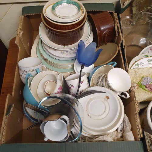 722 - A bargeware jug, decorated flowers, a Delft tile, assorted glass, ceramics and other items (7 boxes)