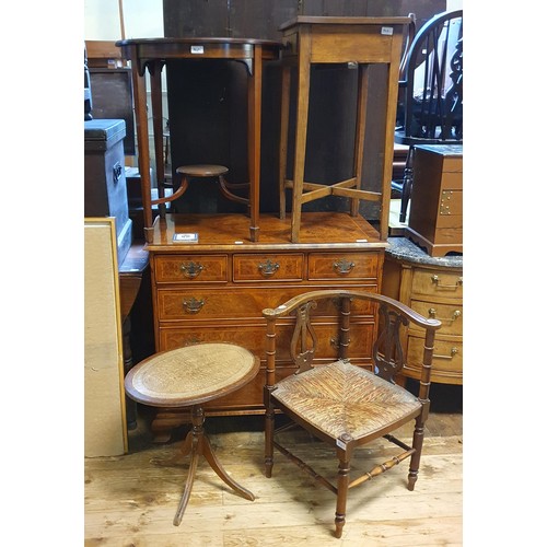 767 - A walnut chest, having three short and three long drawers, 90 cm wide, three tables and a corner cha... 