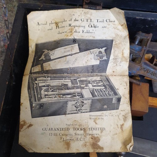 785 - A vintage tool box, with assorted woodworking tools, and an oak wall shelf, with three small drawers... 