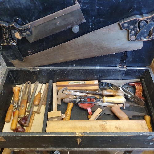 785 - A vintage tool box, with assorted woodworking tools, and an oak wall shelf, with three small drawers... 