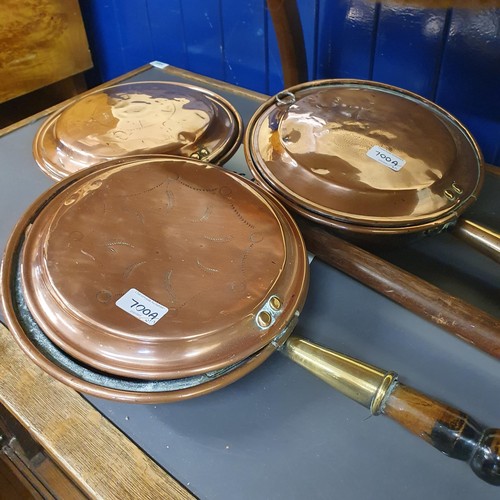 700A - A copper and brass kettle, another, a set of fire irons, and other metalwares (qty)