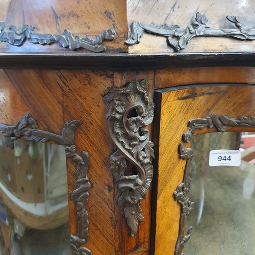 944 - A 19th century French serpentine front walnut display cabinet, with gilt metal mounts, 90 cm wide