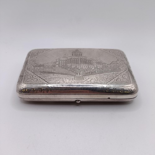 18 - A Russian silver cigarette case, engraved a building, 84 standard, 12 cm wide