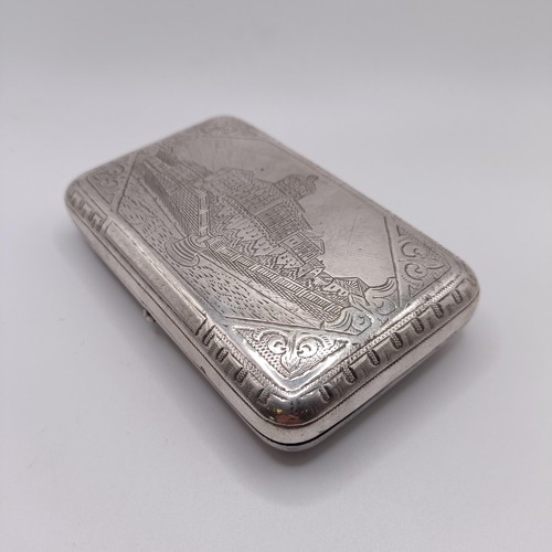 18 - A Russian silver cigarette case, engraved a building, 84 standard, 12 cm wide