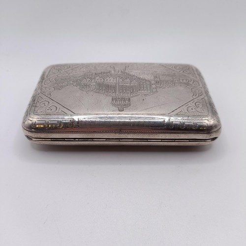 18 - A Russian silver cigarette case, engraved a building, 84 standard, 12 cm wide