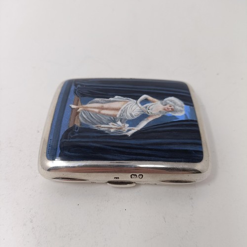 212 - A late Victorian silver and enamel cigarette case, decorated a lady holding a parasol and with her d... 