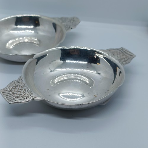 202 - A pair of silver quaichs, with rose/thistle handles, R E Stone, London 1937 & 1946, 5.7 ozt, 13.5 cm... 