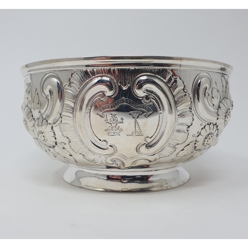 32 - A late Victorian silver bowl, crested, and embossed flowers and foliage, London 1890, 8 ozt, 13.5 cm... 