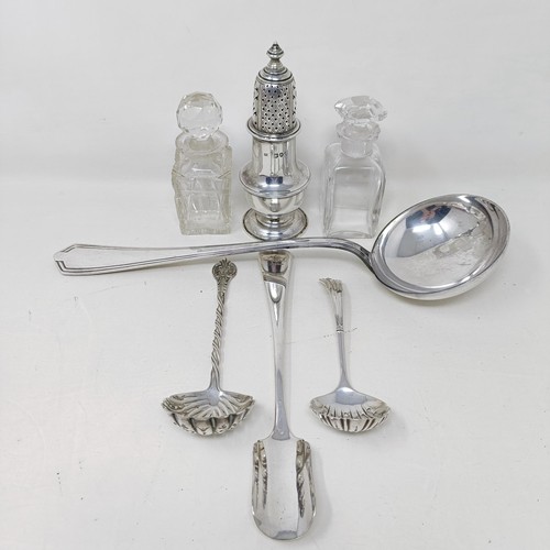 1 - A George V silver sugar sifter, two sifter spoons, various dates and marks, 5.8 ozt, a silver plated... 