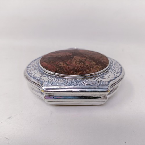 13 - A Continental silver coloured metal shaped box, top inset with a hardstone, and two silver boxes (3)