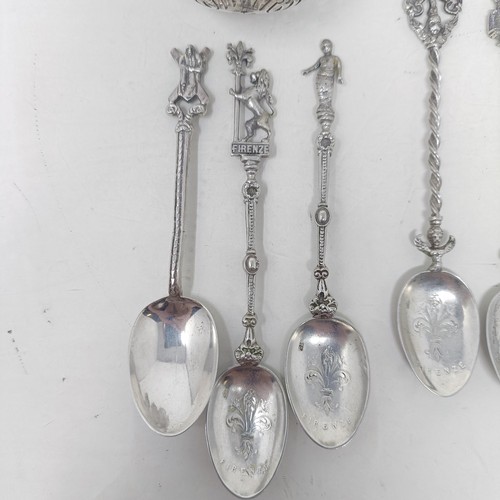 20 - A silver sifter spoon, two others, and a set of Continental silver coloured metal coffee spoons, var... 