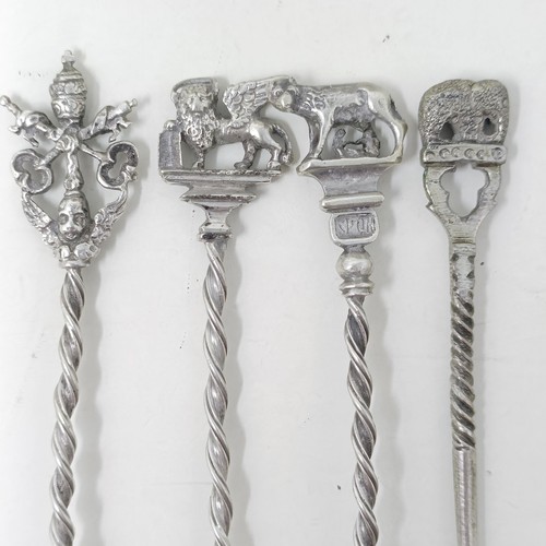 20 - A silver sifter spoon, two others, and a set of Continental silver coloured metal coffee spoons, var... 