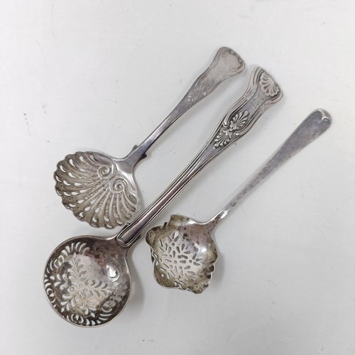 20 - A silver sifter spoon, two others, and a set of Continental silver coloured metal coffee spoons, var... 