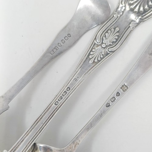 20 - A silver sifter spoon, two others, and a set of Continental silver coloured metal coffee spoons, var... 