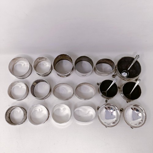 33 - A George II silver salt, assorted napkin rings and other items, various dates and marks, 13.8 ozt