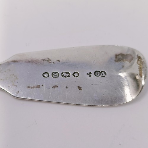 47 - A silver fiddle pattern fish knife, assorted silver and silver coloured metal spoons