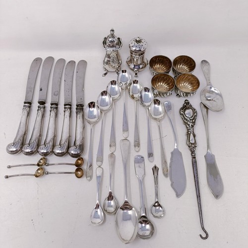 51 - Two silver pepperpots, a set of four silver salts, assorted spoons and other items, various dates an... 