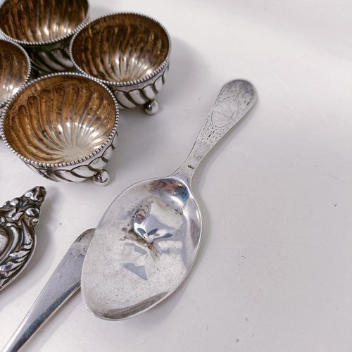 51 - Two silver pepperpots, a set of four silver salts, assorted spoons and other items, various dates an... 