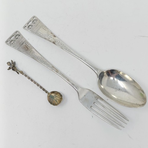 52 - A George V silver hip flask, an oval mustard pot, a fork and a spoon, 7.6 ozt, and an Indian silver ... 