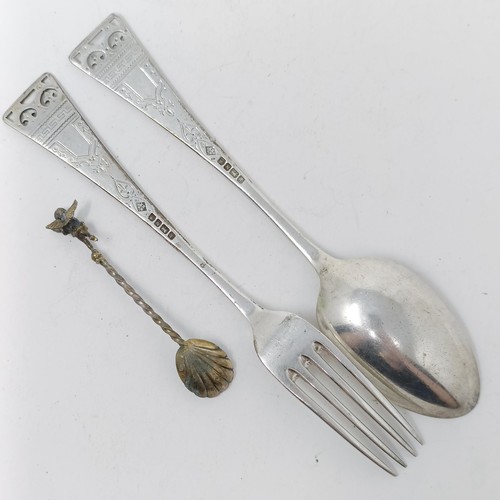 52 - A George V silver hip flask, an oval mustard pot, a fork and a spoon, 7.6 ozt, and an Indian silver ... 