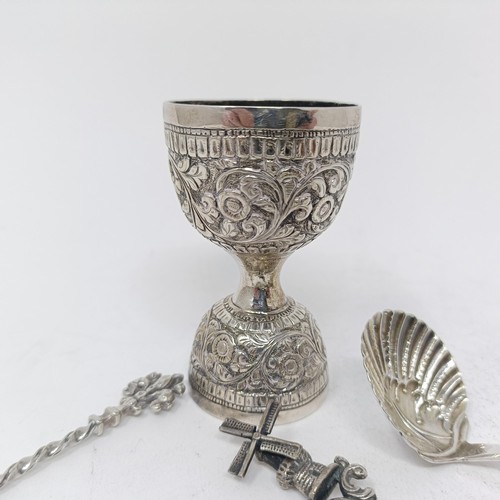 80 - A Continental silver coloured metal caddy spoon, various novelty spoons and forks, and an Indian sil... 