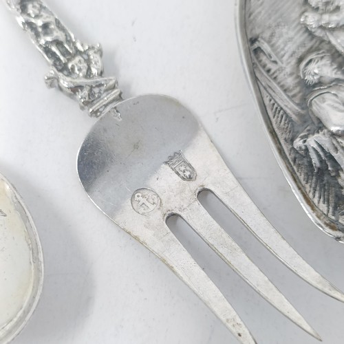 80 - A Continental silver coloured metal caddy spoon, various novelty spoons and forks, and an Indian sil... 