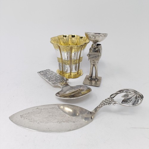 93 - A Danish silver cup, 2.4 ozt, two silver coloured metal servers, and a silver coloured metal figure ... 