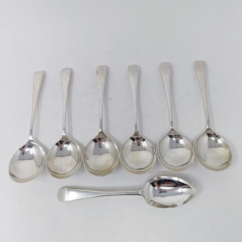 126 - A set of six Elizabeth II silver old English pattern soup spoons, and a table spoon, Sheffield 1955