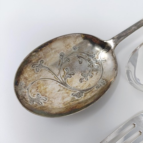 131 - A pair of George II silver fiddle pattern table spoons, two other spoons and a fork, various dates a... 