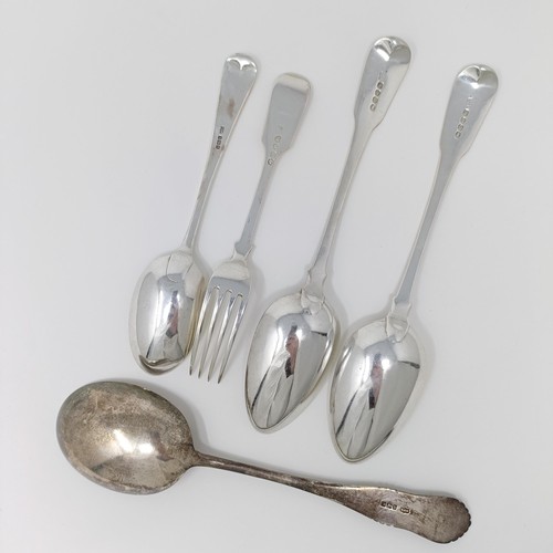 131 - A pair of George II silver fiddle pattern table spoons, two other spoons and a fork, various dates a... 