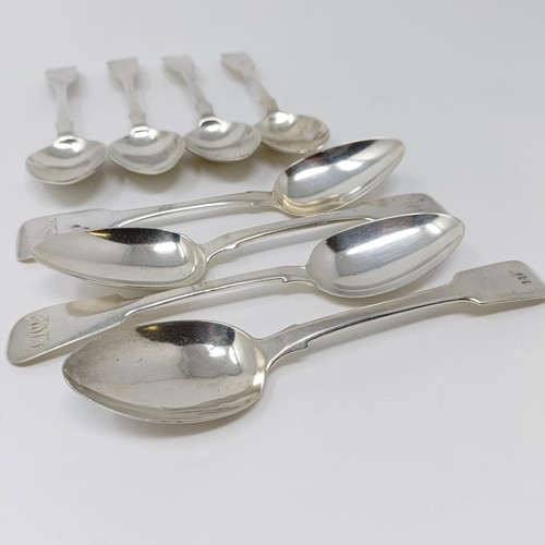 153 - A matched set of silver fiddle pattern dessert spoons, various dates and marks, 10 ozt (8)