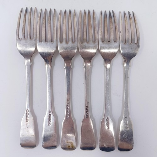 209 - A George III silver fiddle pattern table fork, five other silver table forks, various dates and mark... 