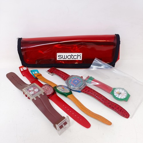 697A - Five Swatch watches, and a Swatch bag